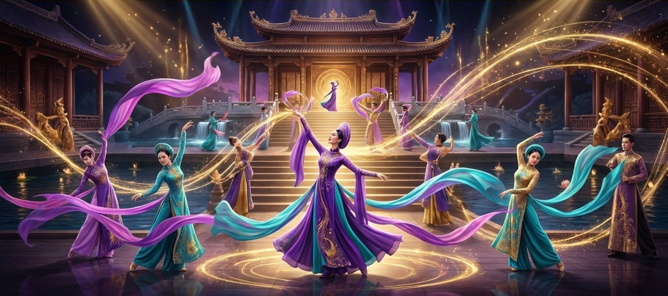 Sân khấu Diên Tơ Show với vũ đoàn áo dài